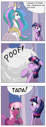 Size: 1737x4737 | Tagged: safe, artist:otakuap edit, cheerilee, princess celestia, twilight sparkle, alicorn, pony, g4, celestia's true form, character to character, cheerilee pun, comic, comic sans, crossing the memes, dialogue, double meme, exploitable meme, female, happy, hoof hold, mare, meme, microphone, nicole oliver, open mouth, pony to pony, poof, scrunchy face, shading, smiling, speech bubble, transformation, true form, twilight sparkle (alicorn), voice actor joke