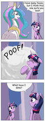 Size: 1737x4737 | Tagged: safe, artist:otakuap edit, princess celestia, twilight sparkle, alicorn, pony, g4, celestia's true form, character to character, clone, comic, dialogue, exploitable meme, female, mare, meme, pony to pony, poof, speech bubble, star trek, star trek v: the final frontier, transformation, twilight sparkle (alicorn), twinning