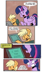 Size: 1114x1920 | Tagged: safe, artist:fauxsquared, applejack, twilight sparkle, alicorn, earth pony, pony, g4, angry, annoyed, chair, comic, computer, dialogue, duo, email, english, female, filly, laptop computer, library, mare, pc, pearjack, sitting, speech bubble, standing, twilight sparkle (alicorn)