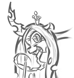 Size: 655x688 | Tagged: safe, artist:leadhooves, queen chrysalis, changeling, changeling queen, g4, female, impossibly long tongue, monochrome, sketch, solo, tongue out