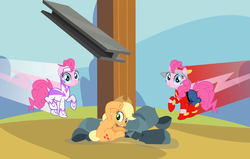 Size: 2000x1272 | Tagged: safe, artist:seahawk270, applejack, fili-second, pinkie pie, g4, girder, power ponies