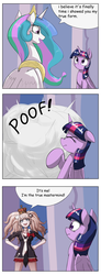 Size: 1737x4737 | Tagged: safe, artist:otakuap edit, princess celestia, twilight sparkle, alicorn, human, pony, g4, celestia's true form, character to character, comic, crown, danganronpa, dialogue, exploitable meme, female, jewelry, junko enoshima, mare, mastermind, meme, poof, regalia, speech bubble, transformation, twilight sparkle (alicorn), what a twist