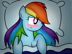 Size: 960x720 | Tagged: safe, artist:darkynez, rainbow dash, g4, bed, blushing, eye clipping through hair, female, pillow, profile, sad, solo