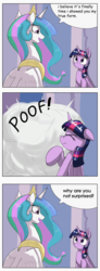 Size: 1024x2793 | Tagged: safe, artist:otakuap edit, princess celestia, twilight sparkle, alicorn, pony, g4, celestia's true form, comic, dialogue, exploitable meme, female, mare, meme, poof, shaped like itself, speech bubble, subverted meme, twilight sparkle (alicorn)