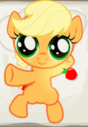 Size: 553x798 | Tagged: safe, artist:gmstav, applejack, earth pony, pony, g4, animated, animation error, apple, cute, eating, fan game, feeding, female, filly, filly applejack, foal, food, fruit, game, game screencap, herbivore, jackabetes, joypony, looking at you, on back, younger