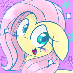Size: 1000x1000 | Tagged: safe, artist:darkynez, fluttershy, g4, blushing, cute, female, floppy ears, flower, happy, open mouth, purple background, shyabetes, simple background, smiling, solo, sparkles