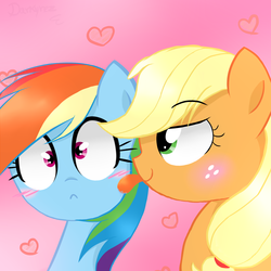 Size: 2000x2000 | Tagged: safe, artist:darkynez, applejack, rainbow dash, g4, bedroom eyes, blushing, female, hatless, high res, lesbian, licking, missing accessory, ship:appledash, shipping