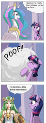 Size: 1048x2748 | Tagged: safe, artist:otakuap edit, princess celestia, twilight sparkle, alicorn, pony, g4, celestia's true form, character to character, comic, dialogue, exploitable meme, female, kid icarus, mare, meme, palutena, poof, speech bubble, super smash bros., super smash bros. 4, transformation, twilight sparkle (alicorn)