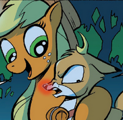 Size: 265x259 | Tagged: safe, edit, idw, applejack, bramble, deer, g4, spoiler:comic, spoiler:comic27, out of season, rudolph the red nosed reindeer