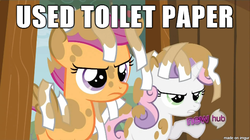 Size: 610x342 | Tagged: safe, edit, edited screencap, screencap, scootaloo, sweetie belle, pegasus, pony, unicorn, g4, caption, cutie mark crusaders, female, filly, image macro, implied poop, meme, out of context, scataloo, sweetiepoo