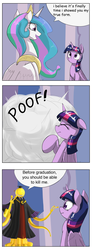 Size: 1737x4737 | Tagged: safe, artist:otakuap edit, princess celestia, twilight sparkle, alicorn, pony, g4, anime, ansatsu kyoshitsu, assassination classroom, celestia's true form, character to character, comic, dialogue, exploitable meme, female, korosensei, mare, meme, poof, speech bubble, transformation, twilight sparkle (alicorn)