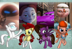 Size: 2200x1500 | Tagged: safe, artist:the-sparkly-spycar, alicorn, earth pony, human, pegasus, pony, robot, robot pony, ponylumen, g4, 3d pony creator, brave (movie), car, cars (pixar), cars 2, disney, e.v.e., female, holley shiftwell, jessie (toy story), mare, merida, pixar, ponified, princess merida, toy story, toy story 2, wall-e