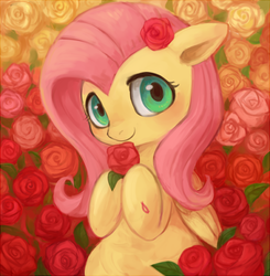 Size: 560x572 | Tagged: safe, artist:kei05, fluttershy, pegasus, pony, g4, blushing, cute, female, flower, flower in hair, looking at you, mare, pixiv, rose, shyabetes, smiling, solo