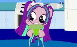 Size: 489x299 | Tagged: dead source, safe, artist:gmstav, aria blaze, pony, equestria girls, g4, my little pony equestria girls: rainbow rocks, animated, ariabetes, carrot, chair, cute, eating, feeding, filly, foal, food, fruit, grimdark source, grotesque source, highchair, joypony, looking at you, ponified, strawberry, vegetables, younger
