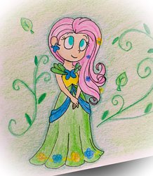 Size: 1024x1176 | Tagged: safe, artist:candycorporation, fluttershy, human, g4, clothes, dress, female, gala dress, humanized, solo, traditional art