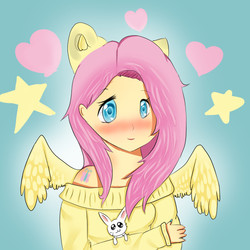 Size: 700x700 | Tagged: safe, artist:littlenekosfan, angel bunny, fluttershy, human, g4, clothes, eared humanization, female, humanized, solo, sweatershy, winged humanization