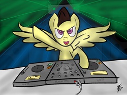 Size: 2400x1800 | Tagged: safe, artist:royalpony, oc, oc only, oc:qlimax, pegasus, pony, >:d, disc jockey, dj table, hoof in air, hwps, laser light, looking up, party, pegasus oc, rave, solo, turntable