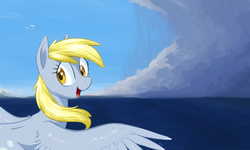 Size: 2000x1200 | Tagged: safe, artist:yeendip, derpy hooves, pegasus, pony, g4, female, flying, looking back, mare, ocean, smiling, solo, spread wings, wings