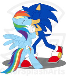 Size: 2276x2634 | Tagged: safe, artist:colorsplasharts, rainbow dash, g4, crossover, crossover shipping, female, high res, interspecies, kissing, male, palindrome get, sonic the hedgehog, sonic the hedgehog (series), sonicdash, straight, watermark