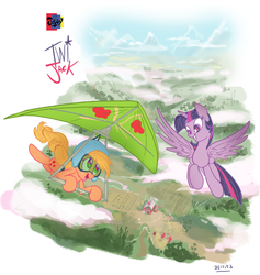 Size: 770x813 | Tagged: safe, artist:jowyb, applejack, twilight sparkle, alicorn, pony, g4, female, hang gliding, lesbian, mare, ship:twijack, shipping, twilight sparkle (alicorn)