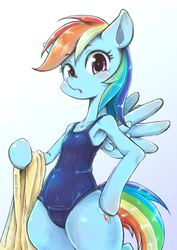 Size: 1433x2023 | Tagged: safe, artist:nazonazopowerfu, rainbow dash, pegasus, pony, semi-anthro, g4, armpits, belly button, bipedal, blushing, clothes, cute, dashabetes, female, looking at you, mare, one-piece swimsuit, open mouth, pixiv, school swimsuit, signature, simple background, solo, swimsuit, towel