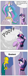 Size: 1024x2780 | Tagged: safe, artist:otakuap edit, princess celestia, twilight sparkle, alicorn, pony, g4, celestia's true form, character to character, charles montgomery burns, comic, crossover, dialogue, exploitable meme, female, male, mare, meme, misspelling, mr. burns, poof, scrunchy face, speech bubble, the simpsons, transformation, true form, twilight sparkle (alicorn)