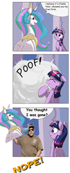 Size: 1224x3040 | Tagged: safe, artist:otakuap edit, princess celestia, twilight sparkle, alicorn, pony, g4, celestia's true form, chuck testa, comic, comic sans, dialogue, exploitable meme, female, mare, meme, poof, scrunchy face, speech bubble, taxidermy, transformation, true form, twilight sparkle (alicorn)