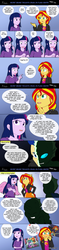 Size: 620x2631 | Tagged: safe, artist:kibate, flash sentry, sunset shimmer, twilight sparkle, changeling, equestria girls, g4, my little pony equestria girls: rainbow rocks, blushing, comic, counterparts, female, lesbian, ship:sunsetsparkle, shipping, twilight sparkle (alicorn), twilight's counterparts