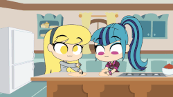 Size: 960x540 | Tagged: safe, artist:khuzang, derpy hooves, sonata dusk, human, g4, :3, animated, baking, chibi, clothes, cute, derpabetes, dough, duo, female, humanized, muffin story, smiling, sonatabetes