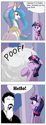 Size: 1024x2793 | Tagged: safe, artist:otakuap edit, princess celestia, twilight sparkle, alicorn, pony, g4, ashens, celestia's true form, comic, dialogue, exploitable meme, female, mare, meme, poof, speech bubble, transformation, true form, twilight sparkle (alicorn)