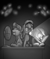 Size: 1074x1247 | Tagged: safe, artist:mickeymonster, apple bloom, scootaloo, sweetie belle, g4, crossover, cutie mark crusaders, eyes closed, fan, five nights at freddy's, flashlight (object), monochrome, mouth hold, scared, tongue out