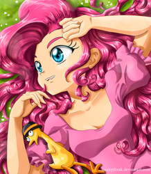 Size: 945x1084 | Tagged: safe, artist:nancysauria, boneless, pinkie pie, human, g4, female, humanized, rubber chicken, solo