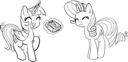 Size: 1100x537 | Tagged: safe, artist:mcsadat, rarity, twilight sparkle, alicorn, pony, g4, female, grayscale, mare, monochrome, simple background, twilight sparkle (alicorn)