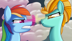 Size: 1920x1080 | Tagged: safe, artist:clayman778, lightning dust, rainbow dash, g4, stare down, wallpaper