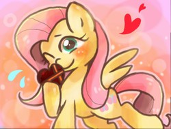 Size: 512x387 | Tagged: safe, artist:miki 14, fluttershy, pegasus, pony, g4, chocolate, female, heart, solo