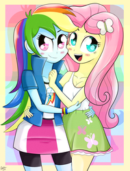 Size: 1442x1900 | Tagged: safe, artist:riouku, fluttershy, rainbow dash, equestria girls, g4, blushing, cleavage, female, lesbian, ship:flutterdash, shipping