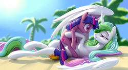 Size: 3807x2073 | Tagged: safe, artist:nadnerbd, princess celestia, twilight sparkle, alicorn, pony, unicorn, g4, beach, belly, blurry background, eye contact, female, high res, holding a pony, lidded eyes, long mane, long tail, looking at each other, mare, misleading thumbnail, momlestia, on back, open mouth, partially open wings, slender, smiling, spread wings, tail, thin, wide eyes, wing shelter, wings