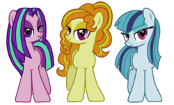 Size: 1024x618 | Tagged: safe, artist:lekelbel, adagio dazzle, aria blaze, sonata dusk, earth pony, pony, equestria girls, g4, alternate hairstyle, earth pony adagio dazzle, earth pony aria blaze, earth pony sonata dusk, equestria girls ponified, female, front view, lidded eyes, looking at you, loose hair, mare, missing accessory, ponified, simple background, standing, the dazzlings, transparent background, trio, trio female