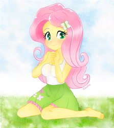 Size: 2312x2594 | Tagged: safe, artist:imoshie, fluttershy, equestria girls, g4, barefoot, blushing, breasts, busty fluttershy, cleavage, cute, feet, female, grass, high res, looking at you, missing shoes, shyabetes, sitting, smiling, solo, stupid sexy fluttershy, wingding eyes