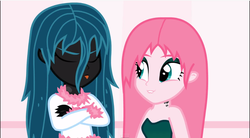 Size: 1071x592 | Tagged: safe, artist:mixermike622, queen chrysalis, oc, oc:fluffle puff, equestria girls, g4, clothes swap, tongue out