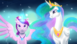 Size: 5000x2879 | Tagged: safe, artist:bluest-ayemel, princess cadance, princess celestia, alicorn, pony, g4, my little pony chapter books, my little pony: twilight sparkle and the crystal heart spell, ascension, ascension realm, collar, female, looking up, magic, mare, necklace, princess celestia's special princess making dimension, smiling, spread wings