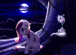 Size: 4133x3000 | Tagged: safe, artist:bluest-ayemel, princess cadance, prismia, pegasus, pony, unicorn, g4, my little pony chapter books, my little pony: twilight sparkle and the crystal heart spell, cape, clothes, crying, horn, mare in the moon, moon, night, pegasus cadance, tree