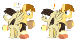 Size: 980x520 | Tagged: safe, artist:dm29, mandopony, wild fire, pegasus, pony, g4, bag, choking, choking hazard, duo, exclamation point, female, food, male, question mark, ring, ship:mandofire, shipping, simple background, spread wings, straight, transparent background, wings