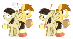 Size: 980x520 | Tagged: safe, artist:dm29, mandopony, wild fire, pegasus, pony, g4, bag, choking, choking hazard, duo, exclamation point, female, food, male, mare, question mark, ring, ship:mandofire, shipping, simple background, spread wings, stallion, straight, transparent background, wings