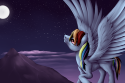 Size: 1280x853 | Tagged: safe, artist:xormak, rainbow dash, g4, cloud, cloudy, female, looking up, moon, mountain, night, raised hoof, sky, solo, spread wings, stars