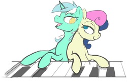 Size: 1280x829 | Tagged: safe, artist:aenbrdraws, bon bon, lyra heartstrings, sweetie drops, g4, female, lesbian, musical instrument, piano, scene interpretation, ship:lyrabon, shipping