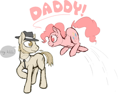 Size: 2158x1715 | Tagged: safe, artist:aenbrdraws, igneous rock pie, pinkie pie, earth pony, pony, g4, colored pupils, cutie mark, duo, father and daughter, female, hat, heart, jumping, looking at each other, male, mare, necktie, pronking, simple background, smiling, speech, speech bubble, stallion, straw in mouth, white background