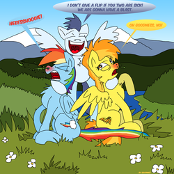 Size: 3000x3000 | Tagged: safe, artist:graymist, rainbow dash, soarin', spitfire, g4, fanart, group, group hug, high res, hug, humor, mucus, scootaloo's scootaquest, sneezing, snot