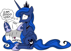 Size: 2454x1781 | Tagged: safe, artist:andypriceart, artist:kaylathehedgehog, idw, princess luna, alicorn, pony, g4, female, heart, hoof hold, i ❤️ ny, looking at you, lost, manehattan, map, simple background, sitting, solo, tourist, transparent background, vector, wide eyes