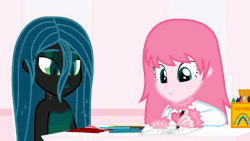 Size: 640x360 | Tagged: safe, artist:mixermike622, queen chrysalis, oc, oc:fluffle puff, equestria girls, g4, :p, animated, coloring, crayon, cutting, equestria girls-ified, gif, haircut, scissors, table flip, this explains everything